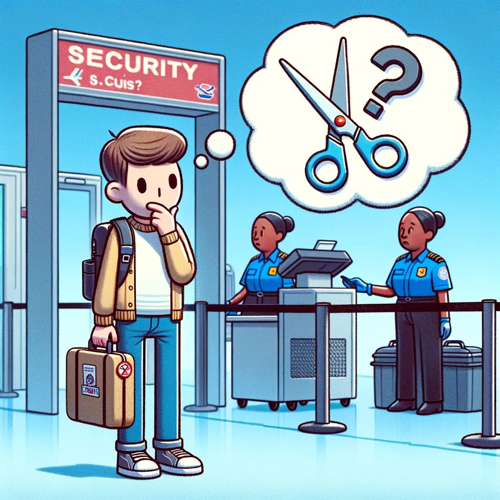 image of a cartoon with scissor question at airport